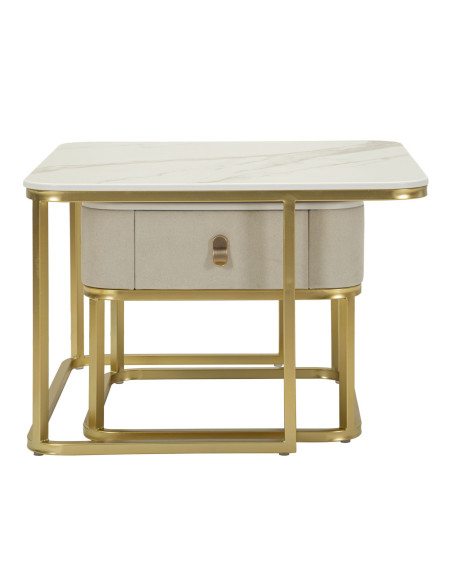 Table basse gigogne moderne chic Carrée 1 tiroir Bois de sapin Blanc crème Bois MDF Blanc Effet marbre Métal Doré Beauty 