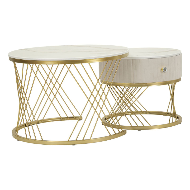 Table basse gigogne moderne chic Ronde 1 tiroir Bois de sapin Blanc crème Bois MDF Blanc Effet marbre Métal Doré Votix Mauro Fer