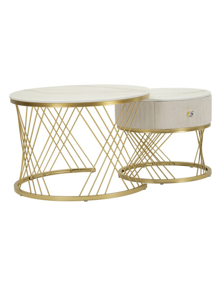 Table basse gigogne moderne chic Ronde 1 tiroir Bois de sapin Blanc crème Bois MDF Blanc Effet marbre Métal Doré Votix Mauro Fer