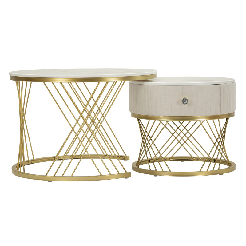 Table basse gigogne moderne chic Ronde 1 tiroir Bois de sapin Blanc crème Bois MDF Blanc Effet marbre Métal Doré Votix Mauro Fer