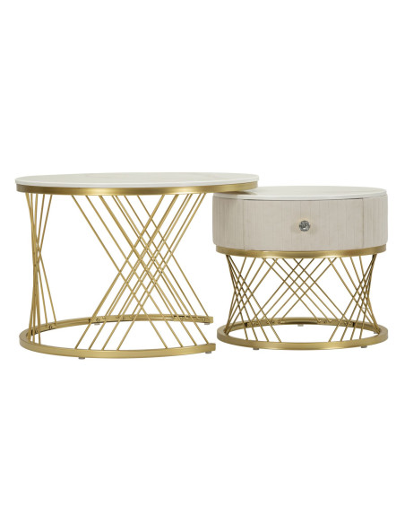 Table basse gigogne moderne chic Ronde 1 tiroir Bois de sapin Blanc crème Bois MDF Blanc Effet marbre Métal Doré Votix Mauro Fer