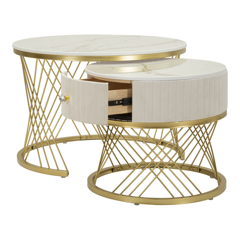 Table basse gigogne moderne chic Ronde 1 tiroir Bois de sapin Blanc crème Bois MDF Blanc Effet marbre Métal Doré Votix Mauro Fer