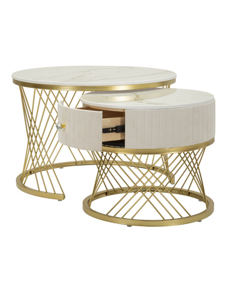 Table basse gigogne moderne chic Ronde 1 tiroir Bois de sapin Blanc crème Bois MDF Blanc Effet marbre Métal Doré Votix Mauro Fer