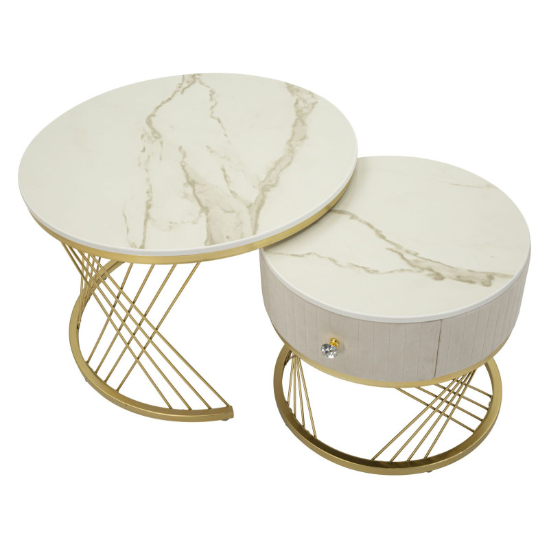 Table basse gigogne moderne chic Ronde 1 tiroir Bois de sapin Blanc crème Bois MDF Blanc Effet marbre Métal Doré Votix Mauro Fer