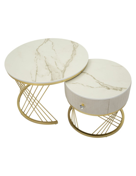 Table basse gigogne moderne chic Ronde 1 tiroir Bois de sapin Blanc crème Bois MDF Blanc Effet marbre Métal Doré Votix Mauro Fer