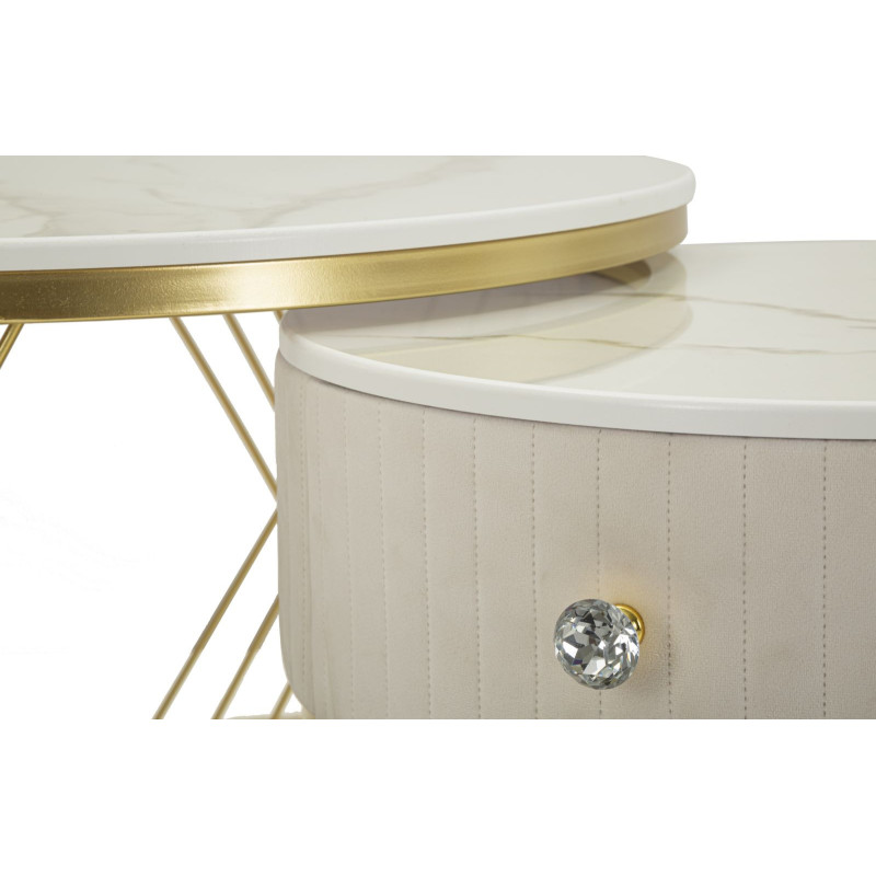 Table basse gigogne moderne chic Ronde 1 tiroir Bois de sapin Blanc crème Bois MDF Blanc Effet marbre Métal Doré Votix Mauro Fer