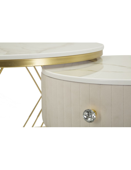Table basse gigogne moderne chic Ronde 1 tiroir Bois de sapin Blanc crème Bois MDF Blanc Effet marbre Métal Doré Votix Mauro Fer