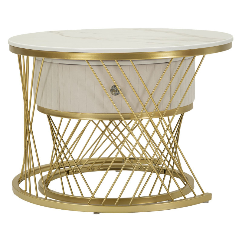 Table basse gigogne moderne chic Ronde 1 tiroir Bois de sapin Blanc crème Bois MDF Blanc Effet marbre Métal Doré Votix Mauro Fer
