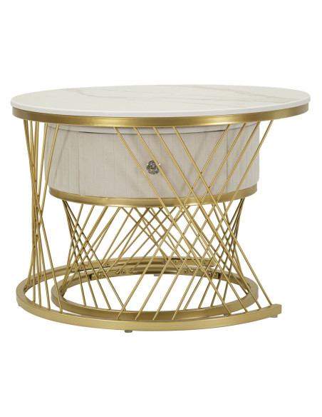 Table basse gigogne moderne chic Ronde 1 tiroir Bois de sapin Blanc crème Bois MDF Blanc Effet marbre Métal Doré Votix Mauro Fer
