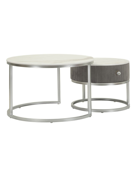 Table basse moderne gigogne Ronde 1 tiroir Bois de sapin Gris Bois MDF Blanc Effet marbre Métal Argenté Greys 