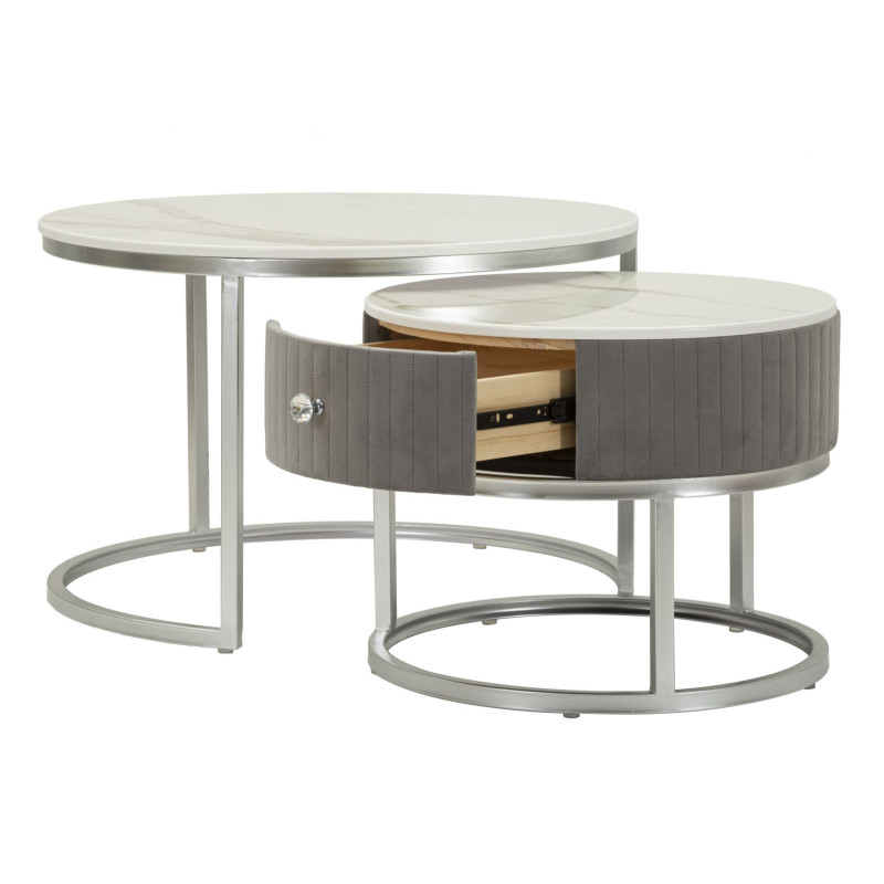 Table basse moderne gigogne Ronde 1 tiroir Bois de sapin Gris Bois MDF Blanc Effet marbre Métal Argenté Greys 