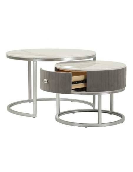 Table basse moderne gigogne Ronde 1 tiroir Bois de sapin Gris Bois MDF Blanc Effet marbre Métal Argenté Greys 