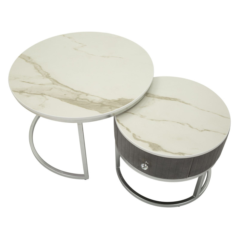 Table basse moderne gigogne Ronde 1 tiroir Bois de sapin Gris Bois MDF Blanc Effet marbre Métal Argenté Greys 