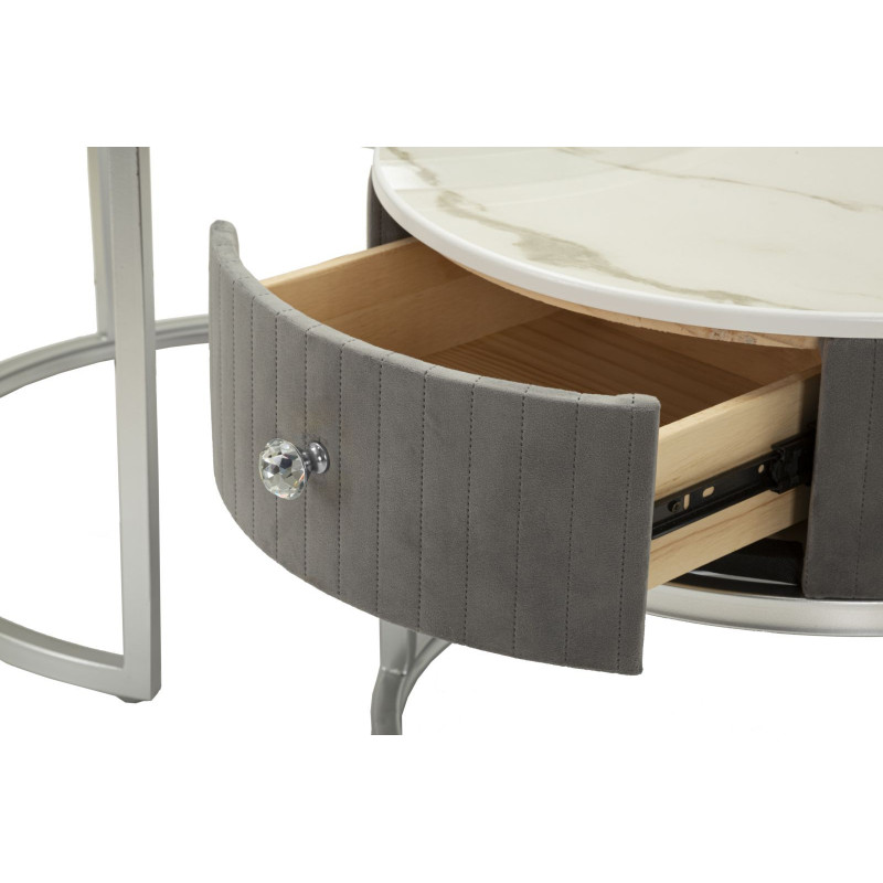 Table basse moderne gigogne Ronde 1 tiroir Bois de sapin Gris Bois MDF Blanc Effet marbre Métal Argenté Greys 