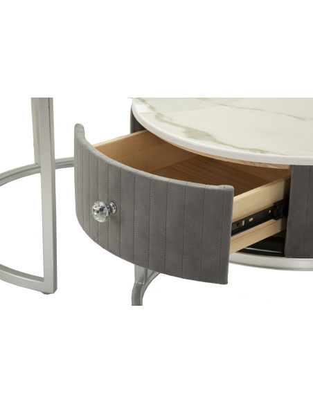 Table basse moderne gigogne Ronde 1 tiroir Bois de sapin Gris Bois MDF Blanc Effet marbre Métal Argenté Greys 