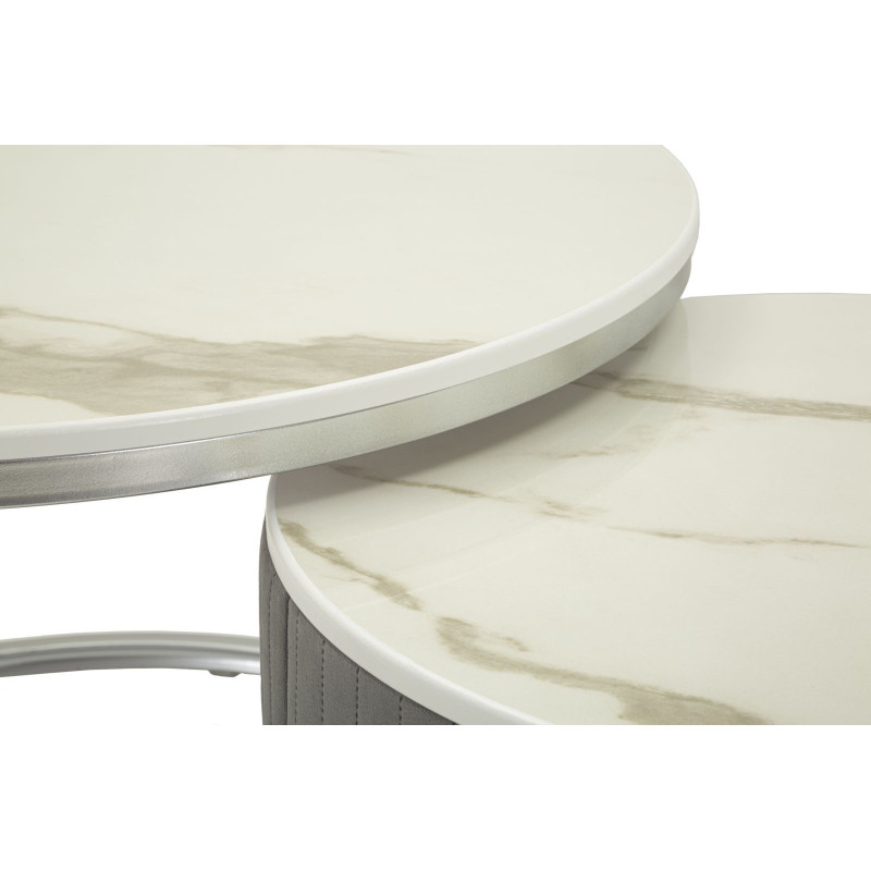 Table basse moderne gigogne Ronde 1 tiroir Bois de sapin Gris Bois MDF Blanc Effet marbre Métal Argenté Greys 