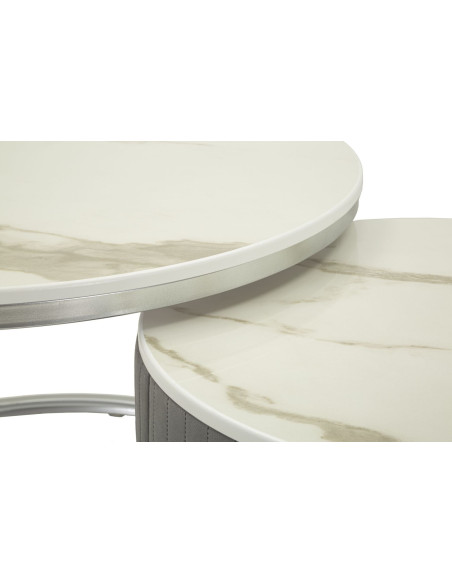 Table basse moderne gigogne Ronde 1 tiroir Bois de sapin Gris Bois MDF Blanc Effet marbre Métal Argenté Greys 