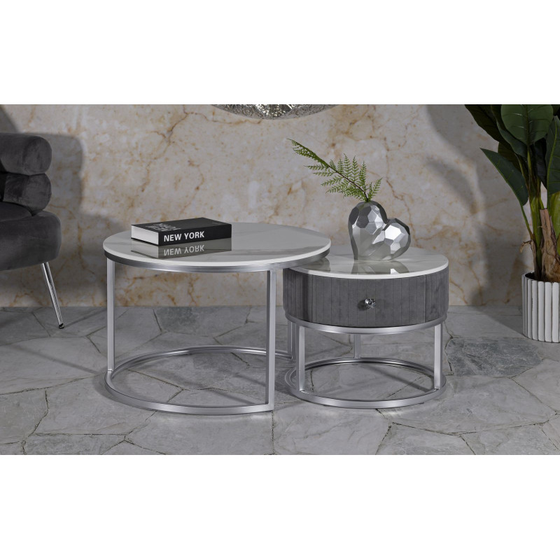 Table basse moderne gigogne Ronde 1 tiroir Bois de sapin Gris Bois MDF Blanc Effet marbre Métal Argenté Greys 