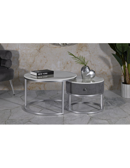 Table basse moderne gigogne Ronde 1 tiroir Bois de sapin Gris Bois MDF Blanc Effet marbre Métal Argenté Greys 
