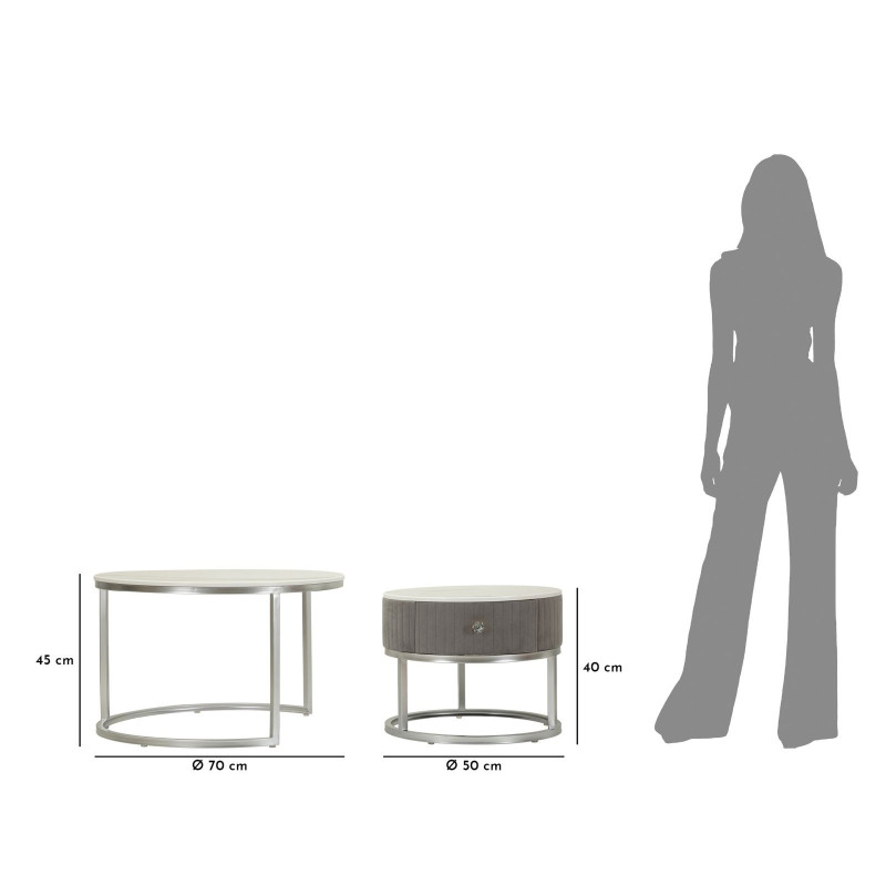 Table basse moderne gigogne Ronde 1 tiroir Bois de sapin Gris Bois MDF Blanc Effet marbre Métal Argenté Greys 