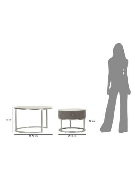 Table basse moderne gigogne Ronde 1 tiroir Bois de sapin Gris Bois MDF Blanc Effet marbre Métal Argenté Greys 