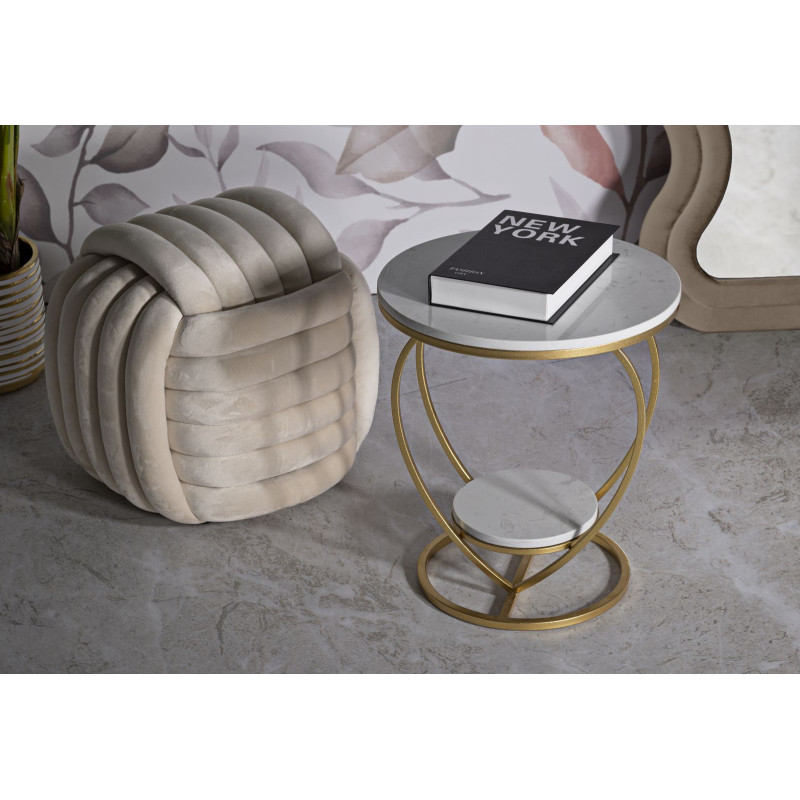 Table d'appoint moderne Coeur Ronde 1 étagère 40 cm Métal Doré Marbre Blanc Heart 