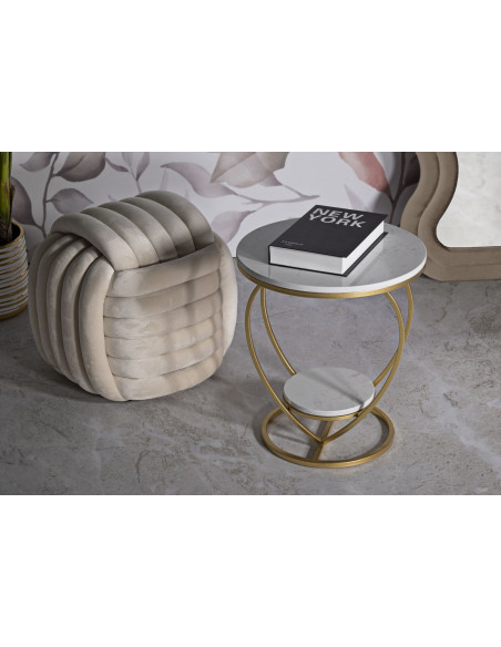 Table d'appoint moderne Coeur Ronde 1 étagère 40 cm Métal Doré Marbre Blanc Heart 