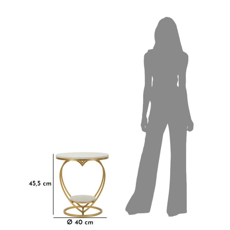 Table d'appoint moderne Coeur Ronde 1 étagère 40 cm Métal Doré Marbre Blanc Heart 