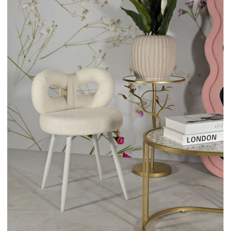 Chaise originale bouclette Noeud Tissu Blanc Bouclé Métal Bois MDF Ilary 