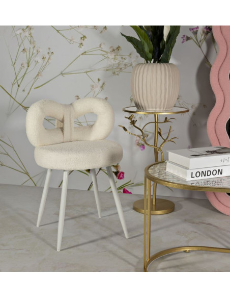 Chaise originale bouclette Noeud Tissu Blanc Bouclé Métal Bois MDF Ilary 