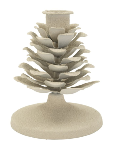 Petit Bougeoir moderne Pomme de pin Hauteur 11 cm Métal Blanc crème Dune 