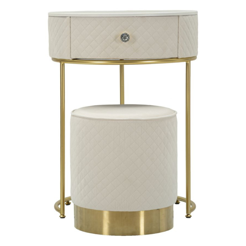 Petite Coiffeuse avec pouf Ronde 1 tiroir Velours Blanc crème Bois MDF Métal Doré Vellit 