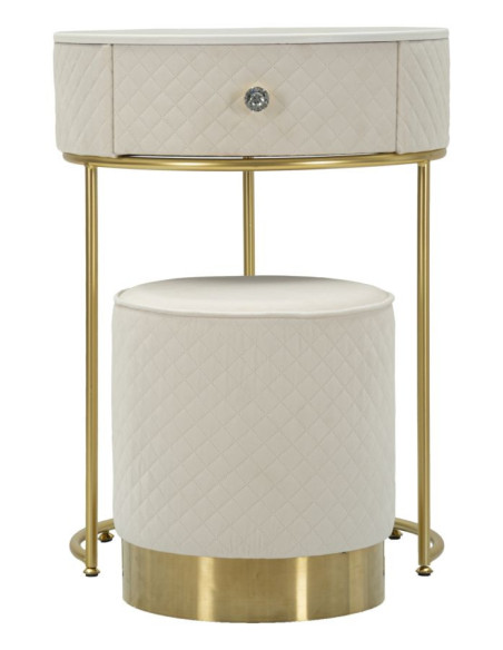 Petite Coiffeuse avec pouf Ronde 1 tiroir Velours Blanc crème Bois MDF Métal Doré Vellit 