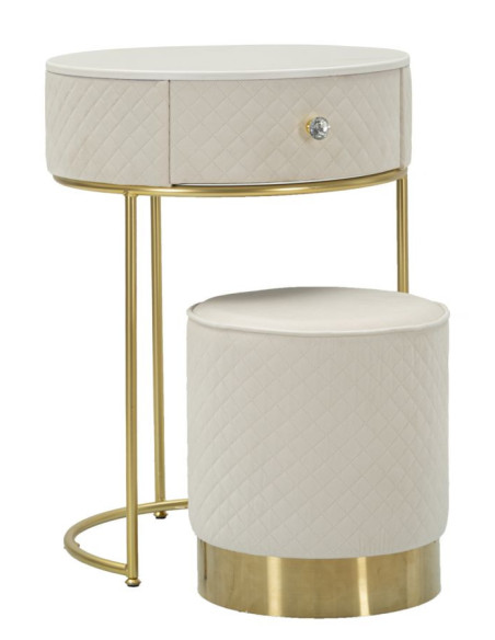 Petite Coiffeuse avec pouf Ronde 1 tiroir Velours Blanc crème Bois MDF Métal Doré Vellit 