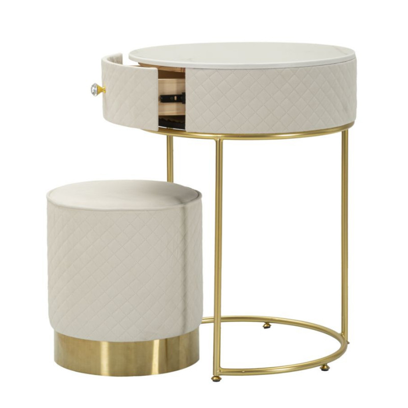 Petite Coiffeuse avec pouf Ronde 1 tiroir Velours Blanc crème Bois MDF Métal Doré Vellit 