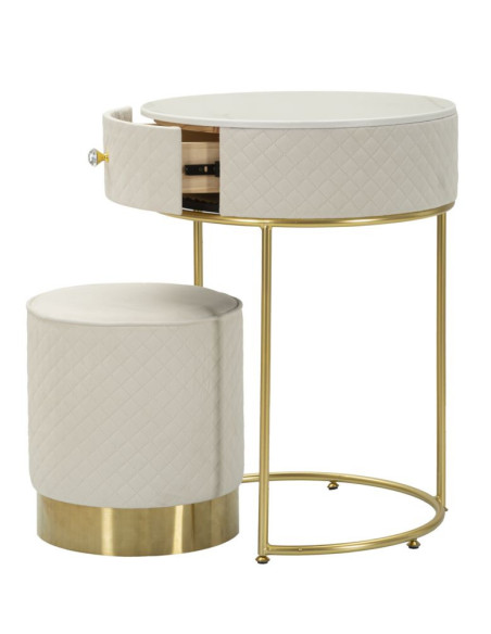 Petite Coiffeuse avec pouf Ronde 1 tiroir Velours Blanc crème Bois MDF Métal Doré Vellit 