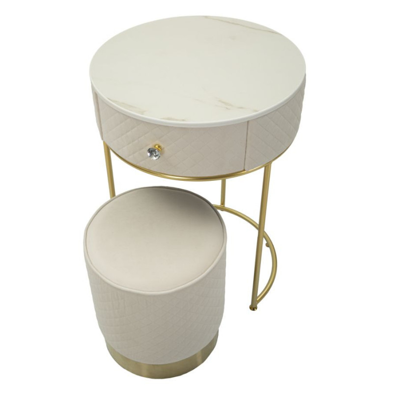 Petite Coiffeuse avec pouf Ronde 1 tiroir Velours Blanc crème Bois MDF Métal Doré Vellit 