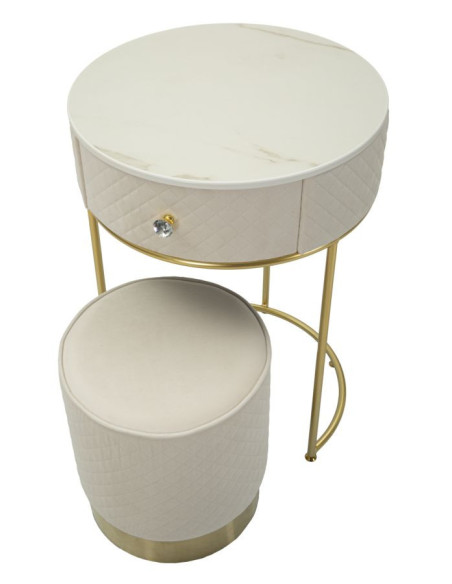 Petite Coiffeuse avec pouf Ronde 1 tiroir Velours Blanc crème Bois MDF Métal Doré Vellit 
