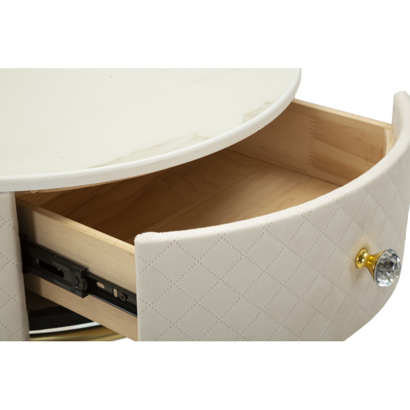 Petite Coiffeuse avec pouf Ronde 1 tiroir Velours Blanc crème Bois MDF Métal Doré Vellit 
