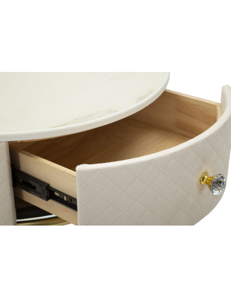 Petite Coiffeuse avec pouf Ronde 1 tiroir Velours Blanc crème Bois MDF Métal Doré Vellit 