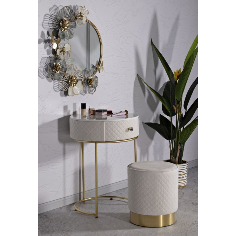 Petite Coiffeuse avec pouf Ronde 1 tiroir Velours Blanc crème Bois MDF Métal Doré Vellit 
