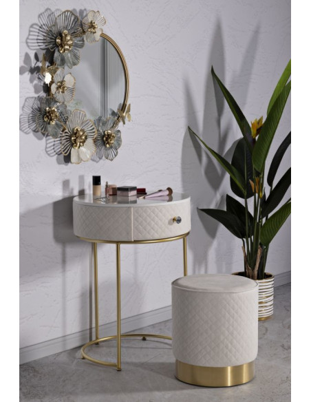 Petite Coiffeuse avec pouf Ronde 1 tiroir Velours Blanc crème Bois MDF Métal Doré Vellit 