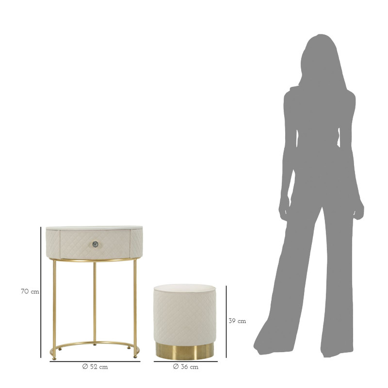 Petite Coiffeuse avec pouf Ronde 1 tiroir Velours Blanc crème Bois MDF Métal Doré Vellit 