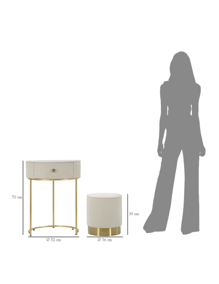 Petite Coiffeuse avec pouf Ronde 1 tiroir Velours Blanc crème Bois MDF Métal Doré Vellit 