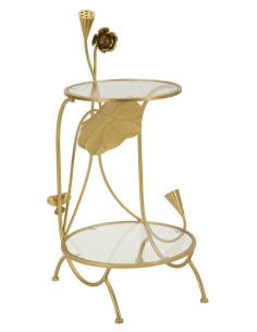 Bout de canapé moderne chic Fleurs Rond 1 étagère Métal Doré Verre Flowers 