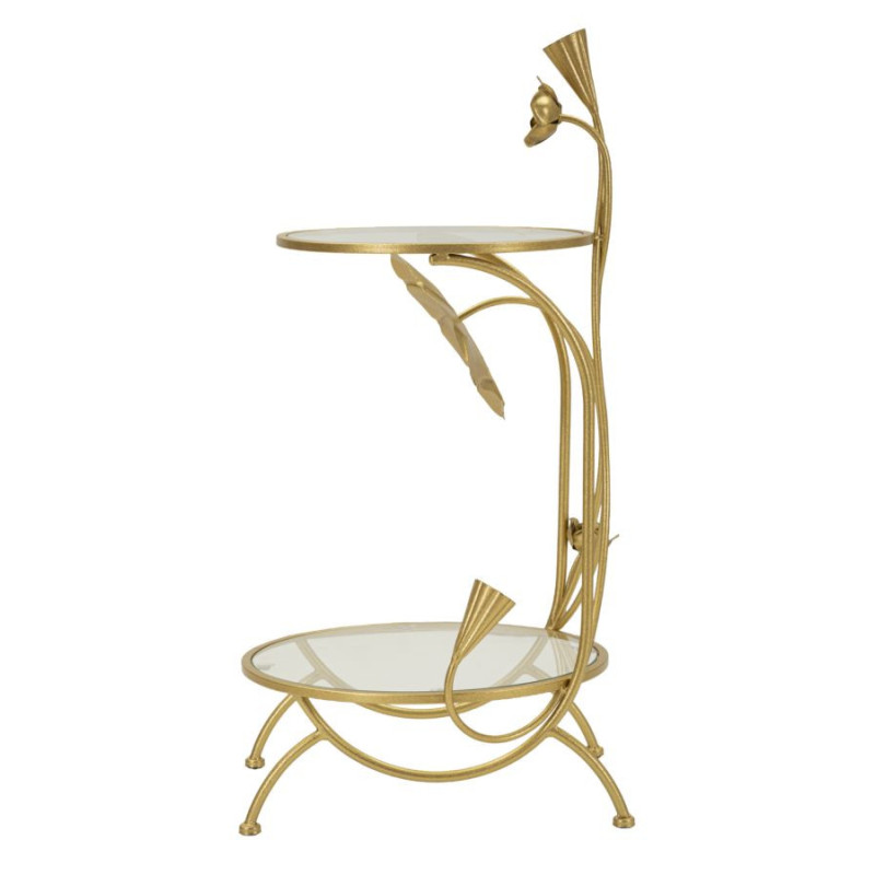 Bout de canapé moderne chic Fleurs Rond 1 étagère Métal Doré Verre Flowers 