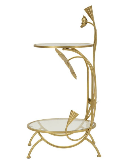 Bout de canapé moderne chic Fleurs Rond 1 étagère Métal Doré Verre Flowers 