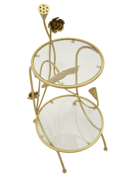 Bout de canapé moderne chic Fleurs Rond 1 étagère Métal Doré Verre Flowers 