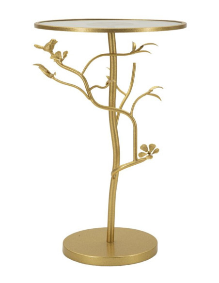 Table d'appoint moderne chic Ronde Métal Doré Motif oiseaux Verre Birds 