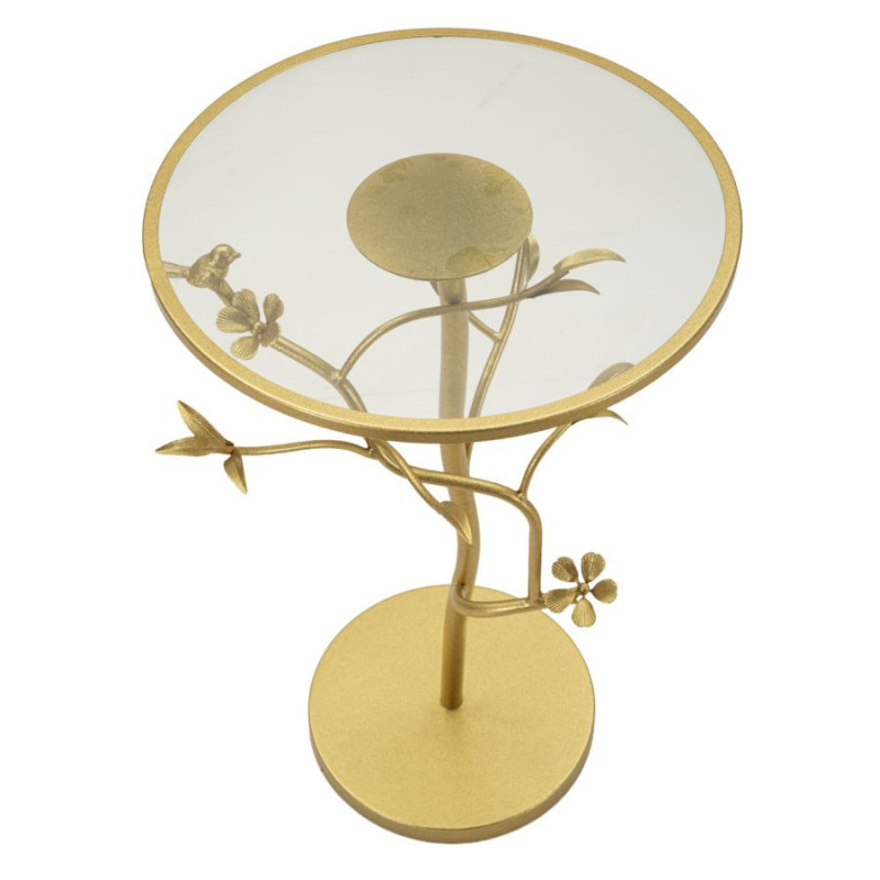 Table d'appoint moderne chic Ronde Métal Doré Motif oiseaux Verre Birds 